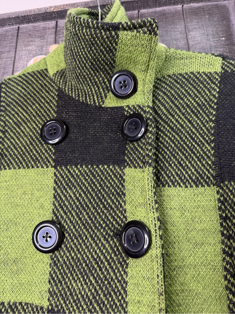 Vintage Keren Hart 100% Wool Green Buffalo Plaid l Double-Breasted Peacoat - S - Picture 4 of 8